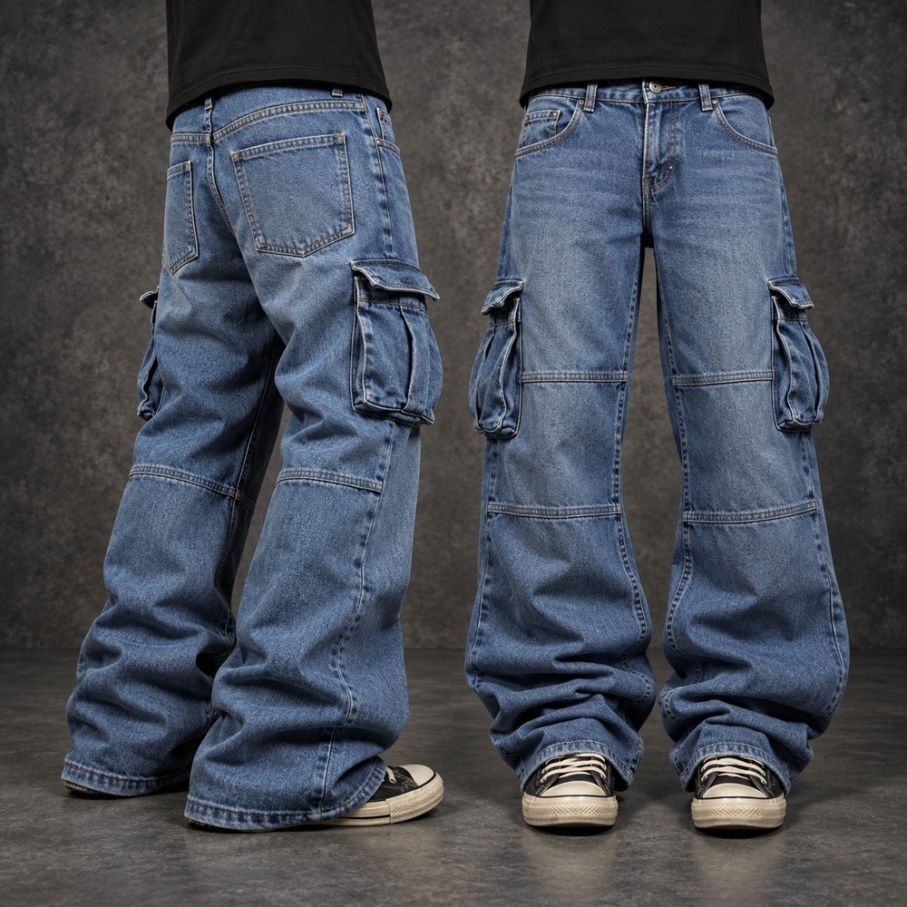 26x28 Blue Baggy Wide Leg Skater Cargo Jeans Y2K Grunge 2000s Vintage